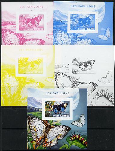 Togo 2014 Butterflies H deluxe m/sheet - the set of 5 imperf progressive proofs comprising the 4 individual colours plus all 4-colour composite, unmounted mint