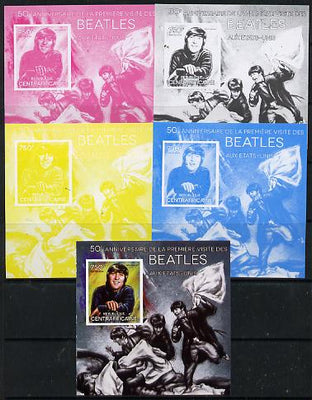 Central African Republic 2014 The Beatles - John Lennon deluxe m/sheet - the set of 5 imperf progressive proofs comprising the 4 individual colours plus all 4-colour composite, unmounted mint