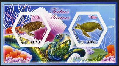 Chad 2014 Turtles #1 imperf sheetlet containing two hexagonal-shaped values unmounted mint