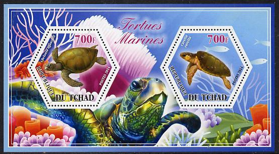 Chad 2014 Turtles #2 perf sheetlet containing two hexagonal-shaped values unmounted mint