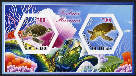 Chad 2014 Turtles #3 imperf sheetlet containing two hexagonal-shaped values unmounted mint