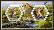 Chad 2014 Owls #1 perf sheetlet containing two hexagonal-shaped values unmounted mint