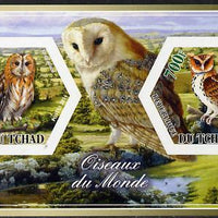 Chad 2014 Owls #1 imperf sheetlet containing two hexagonal-shaped values unmounted mint