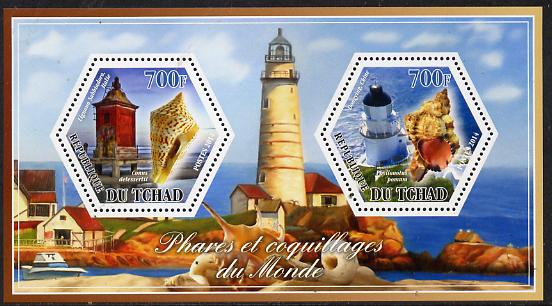 Chad 2014 Lighthouses & Shells #2 perf sheetlet containing two hexagonal-shaped values unmounted mint