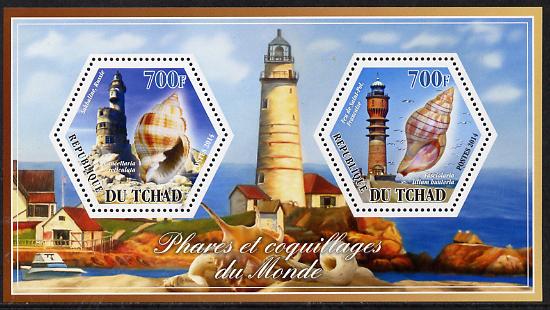 Chad 2014 Lighthouses & Shells #3 perf sheetlet containing two hexagonal-shaped values unmounted mint