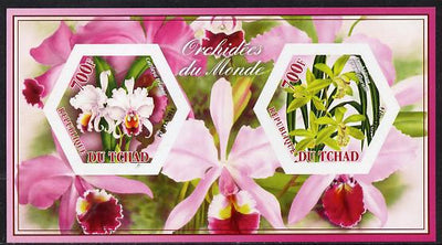 Chad 2014 Orchids #4 imperf sheetlet containing two hexagonal-shaped values unmounted mint