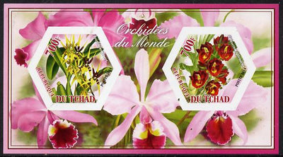 Chad 2014 Orchids #6 imperf sheetlet containing two hexagonal-shaped values unmounted mint