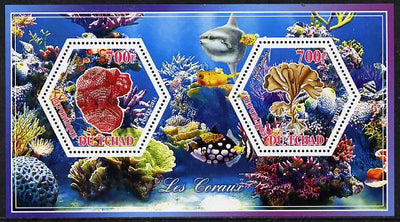 Chad 2014 Coral #1 perf sheetlet containing two hexagonal-shaped values unmounted mint