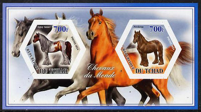Chad 2014 Horses #3 imperf sheetlet containing two hexagonal-shaped values unmounted mint