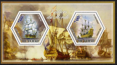 Chad 2014 Sailing Ships #5 perf sheetlet containing two hexagonal-shaped values unmounted mint