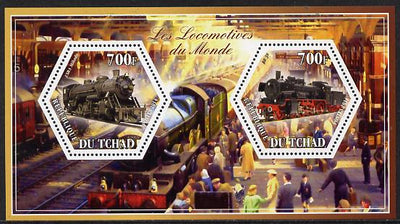 Chad 2014 Steam Locomotives of the World #1 perf sheetlet containing two hexagonal-shaped values unmounted mint