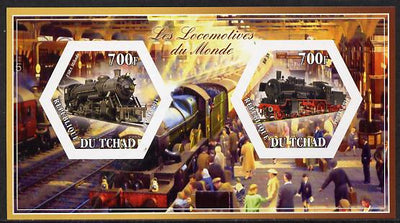 Chad 2014 Steam Locomotives of the World #1 imperf sheetlet containing two hexagonal-shaped values unmounted mint