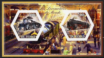 Chad 2014 Steam Locomotives of the World #2 imperf sheetlet containing two hexagonal-shaped values unmounted mint