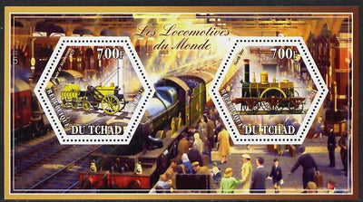 Chad 2014 Steam Locomotives of the World #3 perf sheetlet containing two hexagonal-shaped values unmounted mint