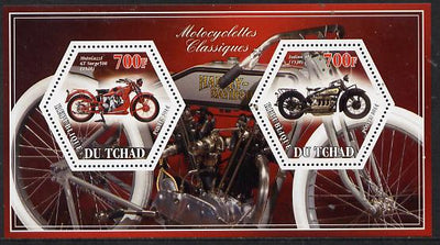 Chad 2014 Motorcycles #1 perf sheetlet containing two hexagonal-shaped values unmounted mint
