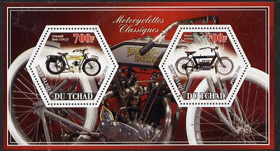 Chad 2014 Motorcycles #2 perf sheetlet containing two hexagonal-shaped values unmounted mint