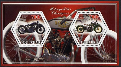 Chad 2014 Motorcycles #3 perf sheetlet containing two hexagonal-shaped values unmounted mint