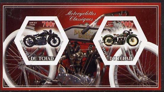 Chad 2014 Motorcycles #3 imperf sheetlet containing two hexagonal-shaped values unmounted mint