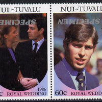 Tuvalu - Nui 1986 Royal Wedding (Andrew & Fergie) 60c perf se-tenant pair overprinted SPECIMEN in silver (Italic caps 26.5 x 3 mm) with overprint inverted unmounted mint