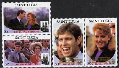 St Lucia 1986 Royal Wedding (Andrew & Fergie) set of 4 (2 se-tenant pairs) with 'Congratulations' opt in gold unmounted mint