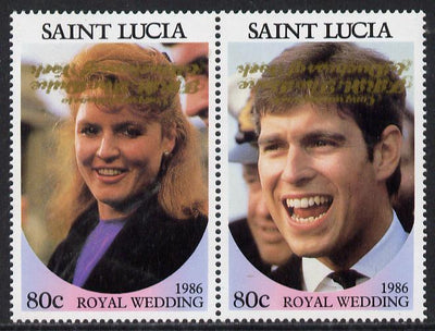 St Lucia 1986 Royal Wedding (Andrew & Fergie) 80c se-tenant pair with 'Congratulations' opt in gold inverted unmounted mint