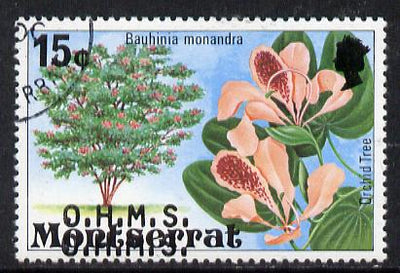 Montserrat 1980 Orchid Tree 15c with OHMS overprint doubled fine cto used listed as SG O30a but unpriced