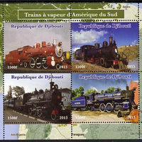 Djibouti 2015 Steam Locomotives of South America perf sheetlet containing 4 values unmounted mint. Note this item is privately produced and is offered purely on its thematic appeal