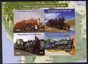 Djibouti 2015 Steam Locomotives of South America imperf sheetlet containing 4 values unmounted mint. Note this item is privately produced and is offered purely on its thematic appeal