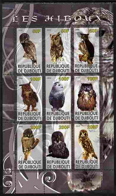 Djibouti 2010 Owls perf sheetlet containing 9 values unmounted mint
