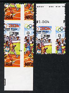 Nigeria 1988 Seoul Olympic Games (Athletics) 30k marginal singles from each side of sheet showing spectacular misplaced perfs error unmounted mint, as SG 567