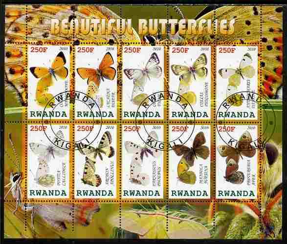 Rwanda 2010 Beautiful Butterflies perf sheetlet containing 10 values fine cto used
