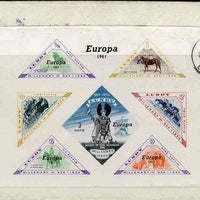 Lundy 1961 Puffin Illustrated cover from Barnstable bearing 3d UK adhesives, reverse shows imperf Europa m/sheet containing triangular pictorials (Horses & Viking), appropriately cancelled at Lundy