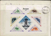 Lundy 1961 Puffin Illustrated cover from Barnstable bearing 3d UK adhesives, reverse shows imperf Europa m/sheet containing triangular pictorials (Horses & Viking), appropriately cancelled at Lundy