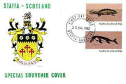 Staffa 1982 Prehistoric Marine Life (Placodus) perf set of 2 values on cover with first day cancel