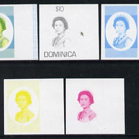 Dominica 1975-78 Queen Elizabeth II $10 set of 5 imperf progressive colour proofs comprising the 4 basic colours plus blue & yellow composite (as SG 507) unmounted mint