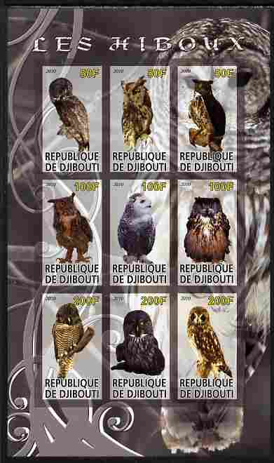 Djibouti 2010 Owls imperf sheetlet containing 9 values unmounted mint