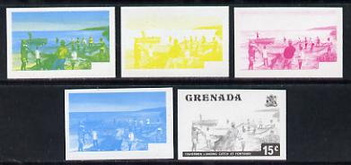 Grenada 1975 Fishermen 15c set of 5 imperf progressive colour proofs comprising the 4 basic colours plus blue & yellow composite (as SG 658) unmounted mint
