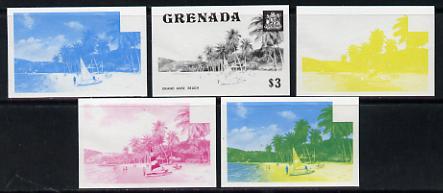 Grenada 1975 Grand Anse Beach $3 set of 5 imperf progressive colour proofs comprising the 4 basic colours plus blue & yellow composite (as SG 666) unmounted mint