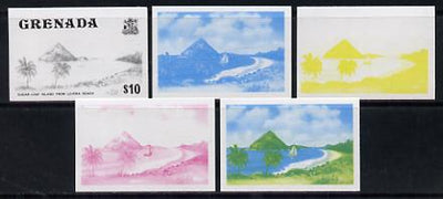 Grenada 1975 Sugar Loaf Island $10 set of 5 imperf progressive colour proofs comprising the 4 basic colours plus blue & yellow composite (as SG 668) unmounted mint