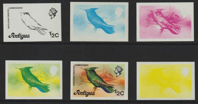 Antigua 1976 Crested Hummingbird 1/2c (without imprint) set of 6 imperf progressive colour proofs comprising the 4 basic colours, blue & yellow composite plus all 4 colours (as SG 469A) unmounted mint