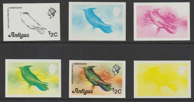 Antigua 1976 Crested Hummingbird 1/2c (without imprint) set of 6 imperf progressive colour proofs comprising the 4 basic colours, blue & yellow composite plus all 4 colours (as SG 469A) unmounted mint