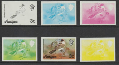 Antigua 1976 Loggerhead Kingbird 3c (with imprint) set of 6 imperf progressive colour proofs comprising the 4 basic colours, blue & yellow composite plus all 4 colours (as SG 472B) unmounted mint