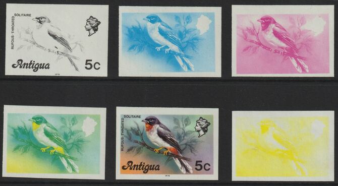Antigua 1976 Solitaire Bird 5c (with imprint) set of 6 imperf progressive colour proofs comprising the 4 basic colours, blue & yellow composite plus all 4 colours (as SG 474B) unmounted mint