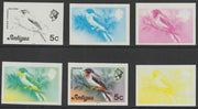 Antigua 1976 Solitaire Bird 5c (with imprint) set of 6 imperf progressive colour proofs comprising the 4 basic colours, blue & yellow composite plus all 4 colours (as SG 474B) unmounted mint
