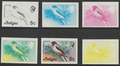 Antigua 1976 Solitaire Bird 5c (with imprint) set of 6 imperf progressive colour proofs comprising the 4 basic colours, blue & yellow composite plus all 4 colours (as SG 474B) unmounted mint