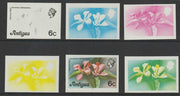 Antigua 1976 Orchid Tree 6c (with imprint) set of 6 imperf progressive colour proofs comprising the 4 basic colours, blue & yellow composite plus all 4 colours (as SG 475B) unmounted mint