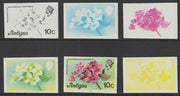 Antigua 1976 Bougainvillea 10c (with imprint) set of 6 imperf progressive colour proofs comprising the 4 basic colours, blue & yellow composite plus all 4 colours (as SG 476B) unmounted mint