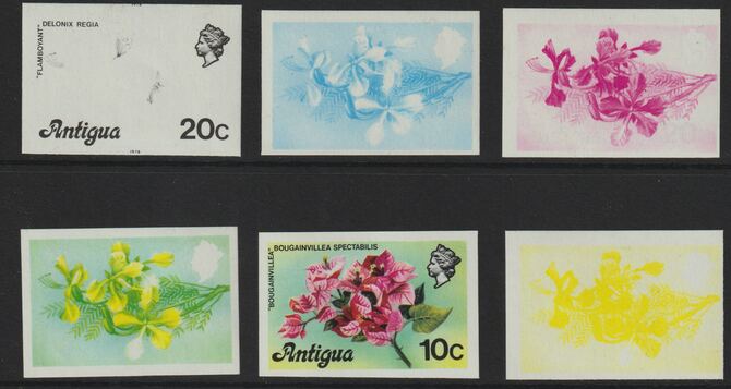 Antigua 1976 Flamboyant 20c (with imprint) set of 6 imperf progressive colour proofs comprising the 4 basic colours, blue & yellow composite plus all 4 colours (as SG 478B) unmounted mint