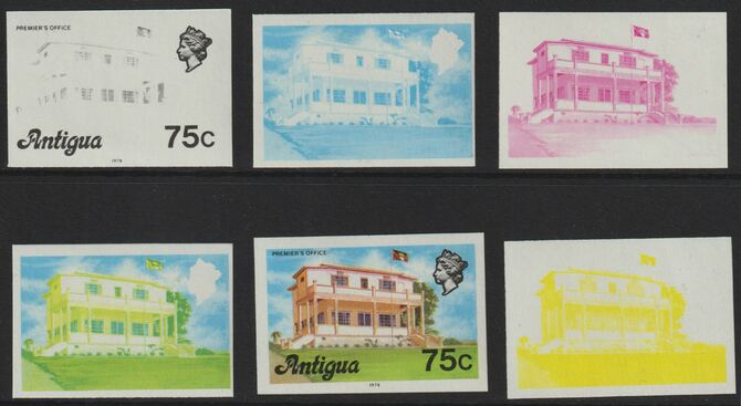 Antigua 1976 Premier's Office 75c (with imprint) set of 6 imperf progressive colour proofs comprising the 4 basic colours, blue & yellow composite plus all 4 colours (as SG 482B) unmounted mint