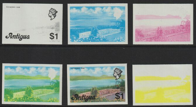 Antigua 1976 Potworks Dam $1 (without imprint) set of 6 imperf progressive colour proofs comprising the 4 basic colours, blue & yellow composite plus all 4 colours unmounted mint (as SG 483A)